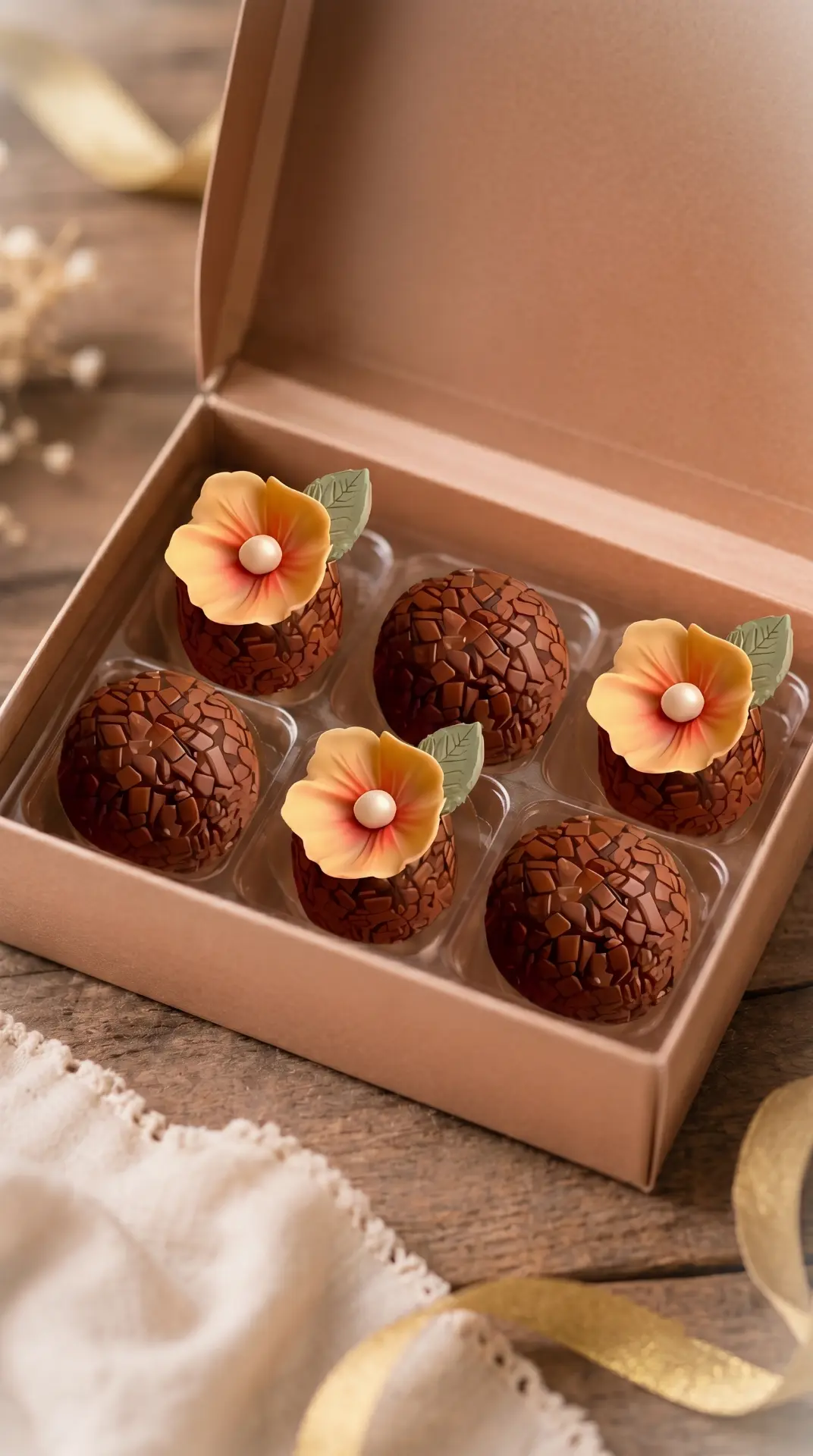 Caixa com brigadeiros e mini flores em tom pêssego