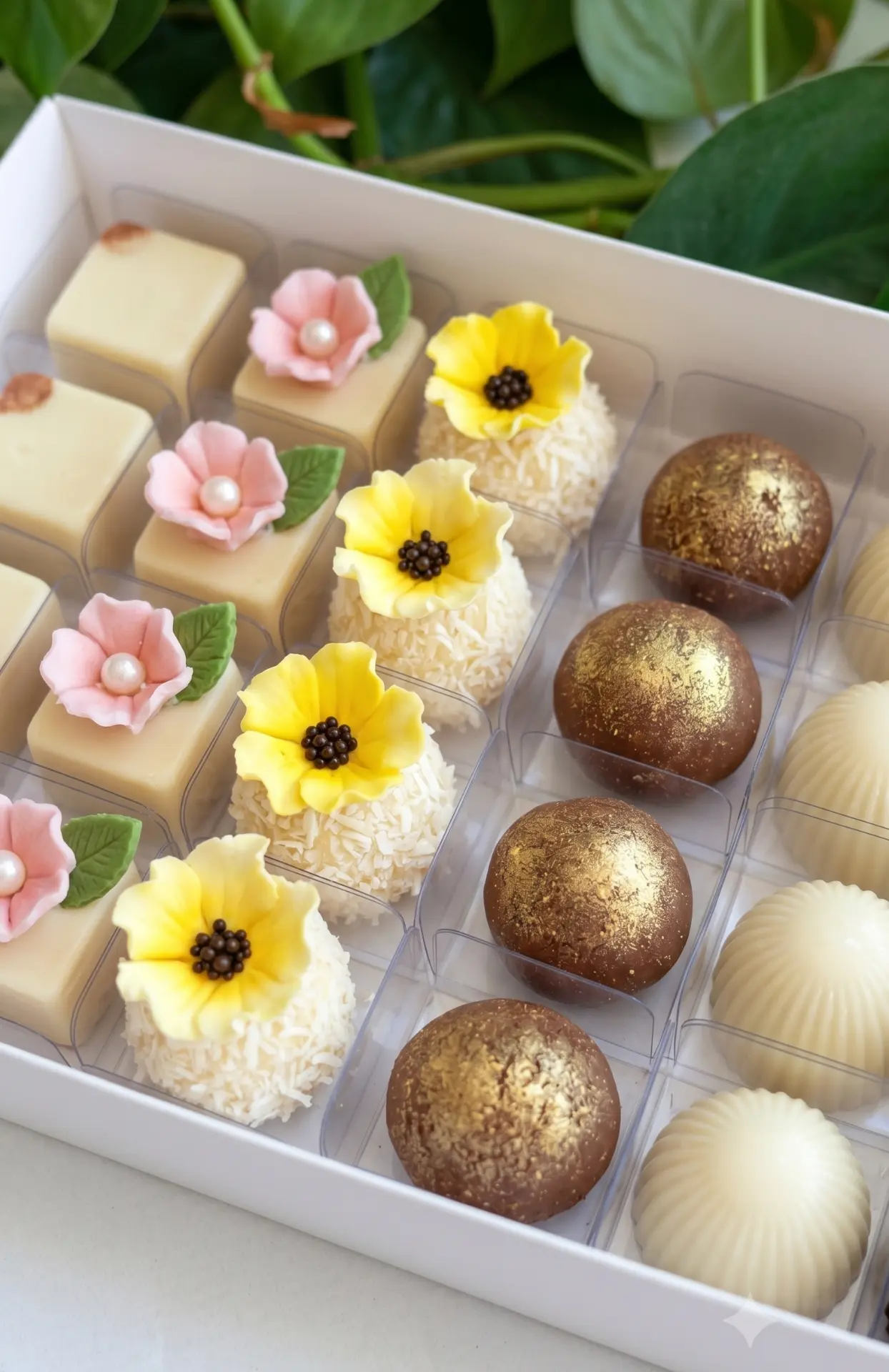 Caixa de doces variados com mini flores rosa e amarelas